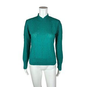 Vintage 80s Knit Sweater Women's Small Teal Pointelle Deadstock High Neck Pullov